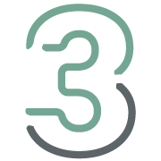 Eine stilisierte Zahl drei ist mit dicken, geschwungenen Linien in Grün und Dunkelgrau auf einem hellgrauen Hintergrund dargestellt.