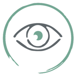 Eine einfache Grafik eines stilisierten Auges mit grüner Iris, umgeben von einem groben, kreisförmigen grünen Umriss auf hellem Hintergrund.