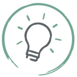 Ein einfaches, handgezeichnetes Symbol einer Glühbirne mit Linien, die nach außen strahlen und eine Idee symbolisieren, umschlossen von einem grünen kreisförmigen Pinselstrich.