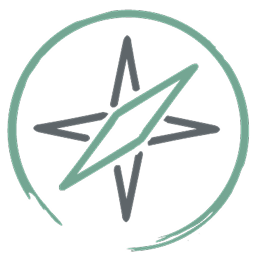 Ein minimalistisches Kompassrose-Symbol mit vier Punkten in Grau und Grün, umgeben von einem dünnen, unvollständigen grünen Ring auf weißem Hintergrund.