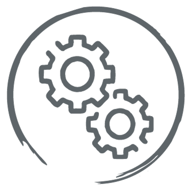 Eine einfache graue Umrisszeichnung von zwei ineinander greifenden Zahnrädern innerhalb eines groben kreisförmigen Rahmens auf hellem Hintergrund.