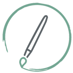 Ein einfaches graues Pinselsymbol befindet sich in der Mitte eines grob gezeichneten grünen Kreises auf einem hellen Hintergrund.