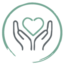 Eine einfache Strichzeichnung von zwei Händen, die sanft ein Herz halten, das von einem groben, kreisförmigen Umriss umgeben ist. Das Design verwendet sanfte grüne und graue Farben, die Fürsorge, Unterstützung und Mitgefühl symbolisieren.